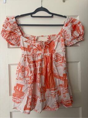 Urban Outfitters White and Coral Printed Puff Sleeve Dress
